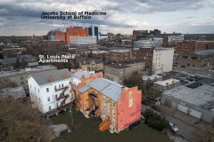 Aerial view of the neighborhood of St. Louis Place at the Pearl Block of Virginia street